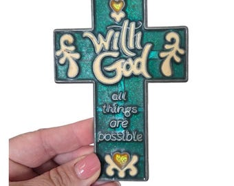 With God Cross Vtg Suncatcher Green Matthew 19:26 Window Stain Glass