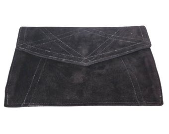 Vtg Black Suede Leather Degania Clutch Purse Evening Uruguay Envelope