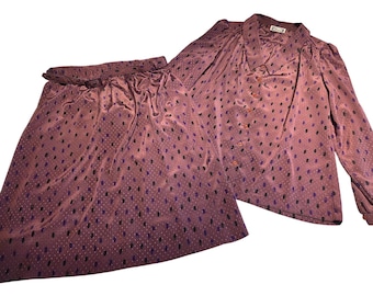 Vtg Frayne Medium Outfit Purple Polka Dot Vibrant Top Skirt Set