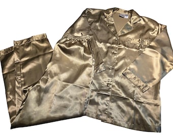 Vtg Suzanne Somers Medium Green Gold Shiny Pajama Set Shiny