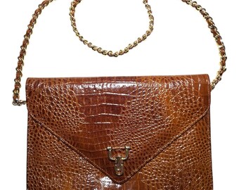 Vtg Faux Alligator Envelope Style Purse Chain Crossbody Korea Gold