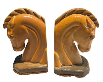 Vtg Pair Horse Head Ceramic Bookends Trojan Art Deco Cork Bottom