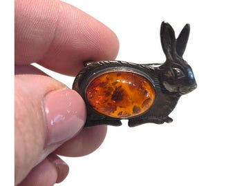 Vintage Sterling Baltic Amber Jelly Belly Rabbit Brooch Bunny Necklace Charm