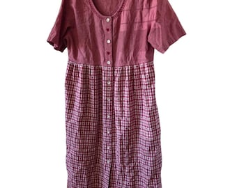 Vtg Bechamel Patio Dress Red Button Front Sm Embroidered Hearts Plaid Cottage