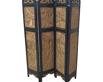 Vtg Oriental Miniature 4 Panel Folding Screen 6” Dollhouse Black Gold Louis Marx