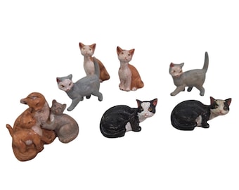 Lot 9 Vintage Mini Cat Figurines Gold Brown Black White Trinket Shelf