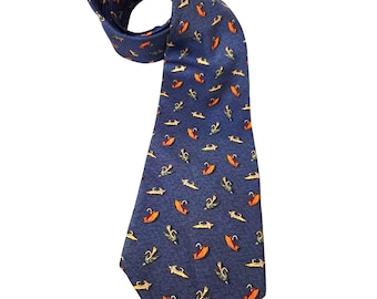 Vtg Tango Silk Korea Mens Tie Fly Fishing Blue Anglers Hooks Gift