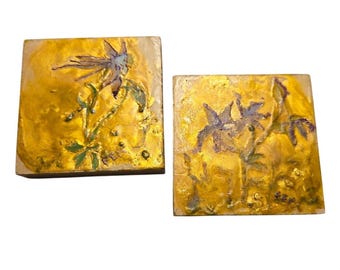 Set 2 Miniature Encaustic Wax Wood ART Paintings Floral Gold Francine Michel