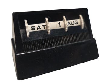 Vtg Perpetual Desk Calendar Black 70's MCM USA
