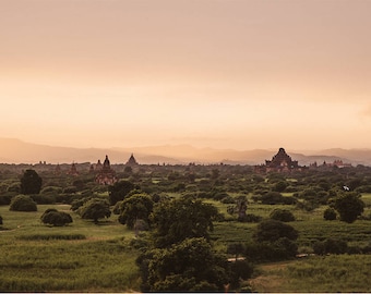 Templi di Bagan, Myanmar al tramonto - stampa di fotografia d'arte originale, ottimo per oggettistica per la casa o un regalo, personale opera d'arte