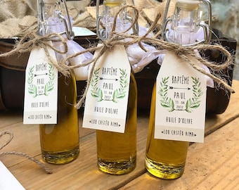 Bottles of olive oil, vial for guest gifts Limoncello, pastis, rum, liquor, olive oil...