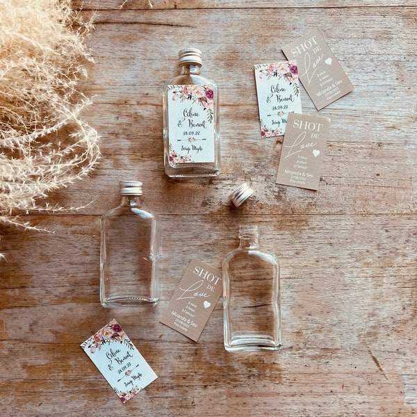 Mini bouteille shot vide avec étiquette personnalisée pour mariage, baptême (COMMANDE MINIMUM 30)