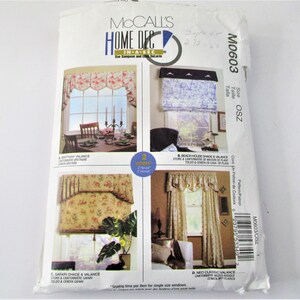 May include: A sewing pattern for four different window treatments: Brittany valance, Beach House shade and valance, Safari shade and valance, and Neo Classic valance. The pattern is from McCall's Home Dec In-A-Sec and is size OSZ. The pattern includes instructions for sewing each treatment and a time estimate for each project.