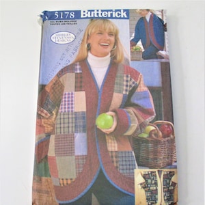 May include: A sewing pattern for a patchwork jacket. The pattern is from Butterick and is number 5178. The pattern is for all sizes and includes instructions for making a jacket with a variety of fabrics.