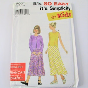 May include: A sewing pattern for a sleeveless yellow top and a plaid skirt, and a purple cardigan and a floral skirt. The pattern is for sizes 7-16 and is called "It's SO EASY it's Simplicity...for Kids".