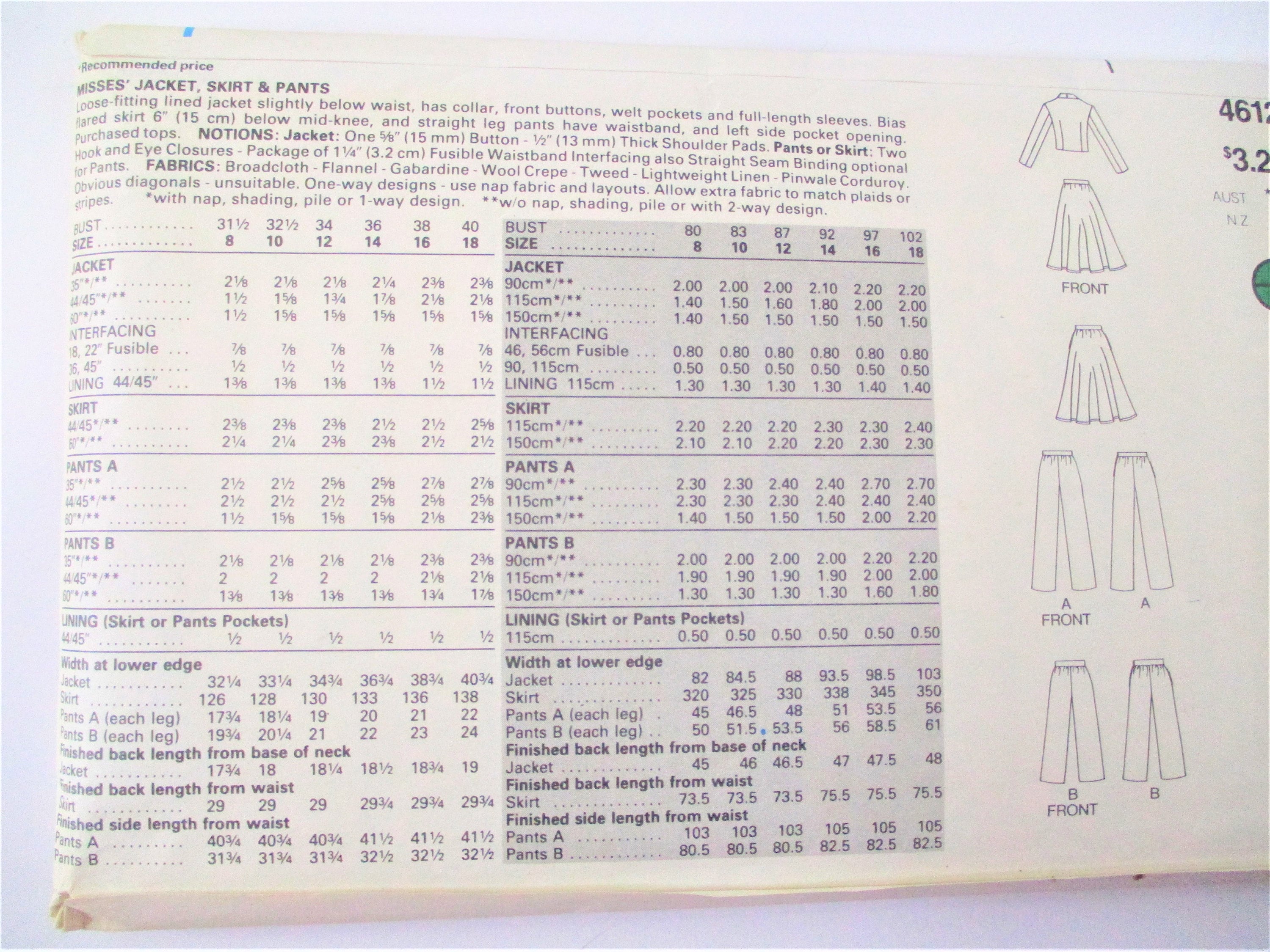 Butterick Misses Jacket Skirt and Pants Pattern Size 8 10 12 PT1268 ...