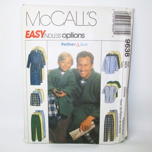 May include: McCall's Easy Endless Options sewing pattern for father and son. The pattern includes a robe, pajamas, and a shirt. The pattern number is 9638. The text on the pattern says "Father & Son" and "Easy Endless Options".