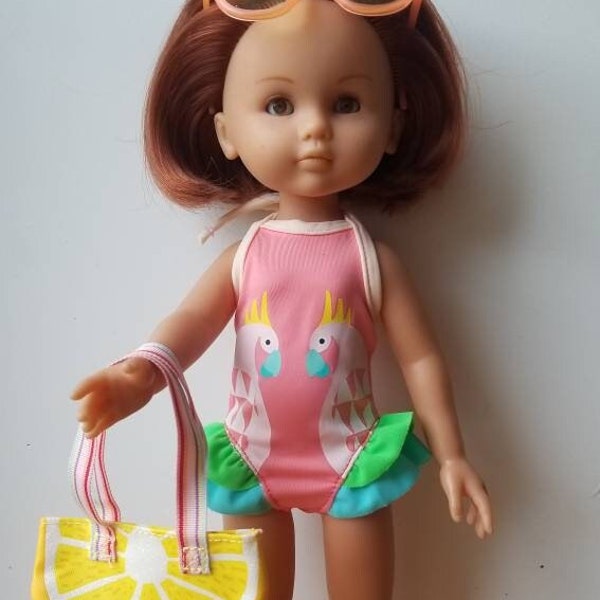 Beach outfit swimsuit pink flamingo glasses bag shoes flowers doll les cheries corolle paola reina hearts 4 hearts mini maru