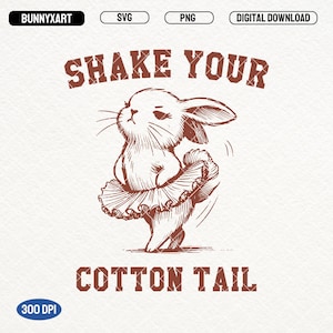 Puede incluir: Un dibujo de línea marrón de un conejo con un tutú y moviendo la cola. El texto "Shake Your Cotton Tail" está encima del conejo.