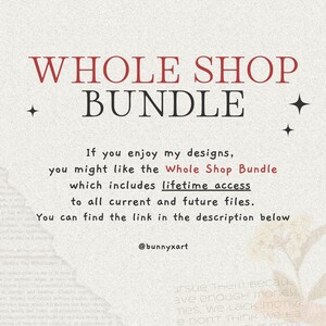 Może przedstawiać: Obraz promocyjny z tekstem "WHOLE SHOP BUNDLE" w czerwonej i czarnej czcionce. Tekst promuje dożywotni dostęp do bieżących i przyszłych plik&oacute;w. Obraz zawiera nazwę użytkownika sprzedawcy, @bunnyxart.