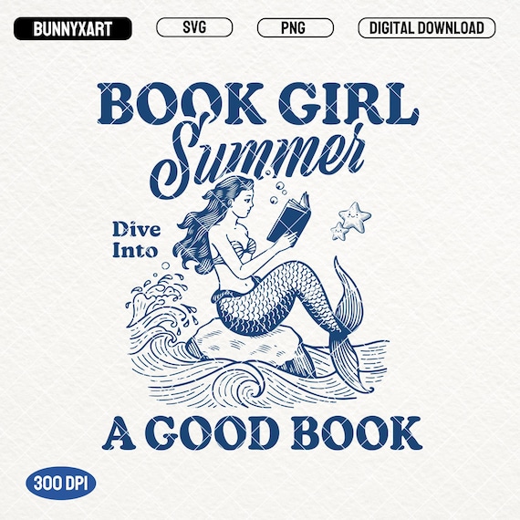Book Girl Summer Mermaid SVG PNG, Beach Vacation (Digital Download)