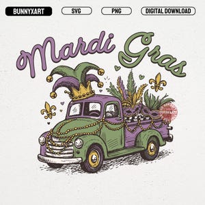 May include: A vintage-style illustration of a green and purple pickup truck decorated for Mardi Gras. The truck bed is filled with masks, feathers, and a fleur-de-lis. The text "Mardi Gras" is written above the truck in purple and green.