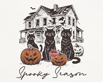 Spooky Season Black Cat SVG: Halloween Pumpkin, Ghost Design PNG Sublimation