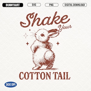 May include: A brown line drawing of a rabbit with the text "Shake Your Cotton Tail" in brown lettering. The rabbit is standing on its hind legs with its front paws raised. There are two small stars on either side of the rabbit.