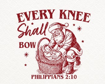 Toda rodilla se doblará, SVG PNG, Diseño de camiseta vintage retro con escena de la Natividad, Navidad cristiana, Niño Jesús SVG, Papá Noel arrodillado, Sublimación