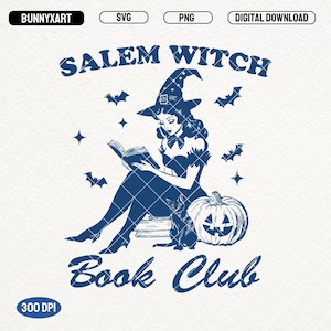Salem Witch Book Club SVG PNG files, Vintage Halloween Witch, Spell Book PNG, Spooky Reader, Spooky Season, Black Cat Halloween, Bookworm