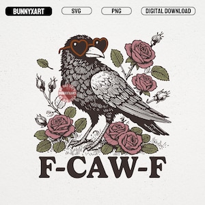 Puede incluir: Gráfico digital de un cuervo con gafas de sol en forma de corazón, rodeado de rosas rosas y hojas verdes. El texto "F-CAW-F" está en la parte inferior. La imagen tiene un estilo vintage inspirado en tatuajes.
