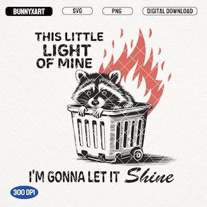 Funny Dumpster Fire, This Little Light of Mine I&#39;m Gonna Let It Shine SVG PNG, Funny Raccoon PNG Shirt Design, Snarky, Retro Sarcastic Png