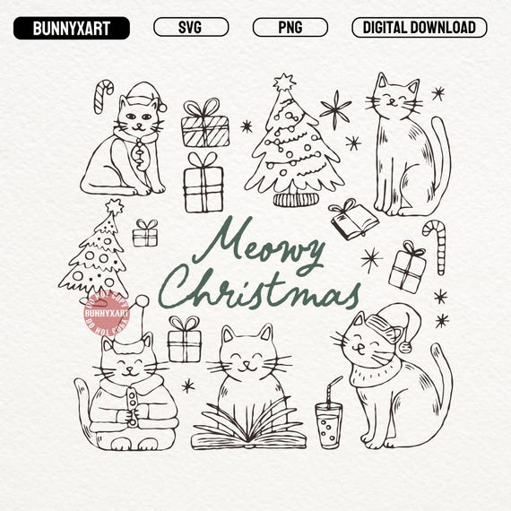 Meowy Christmas Cat SVG PNG, Funny Holiday Cats, Cute Christmas Cat Shirt Design, Vintage Cat Lovers Digital Download, Cute Cats in Xmas