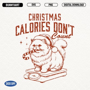 Las calorías de Navidad no cuentan SVG PNG, divertido gato navideño Svg, humor navideño retro, bastón de caramelo navideño, dulce navideño Png, amante de los gatos