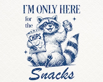 I’m Only Here For The Snacks, SVG PNG, Funny Raccoon Shirt Design, Vintage Retro Raccoon, Trash Panda Svg, Snack Kids Png, Snack Lover, Mugs