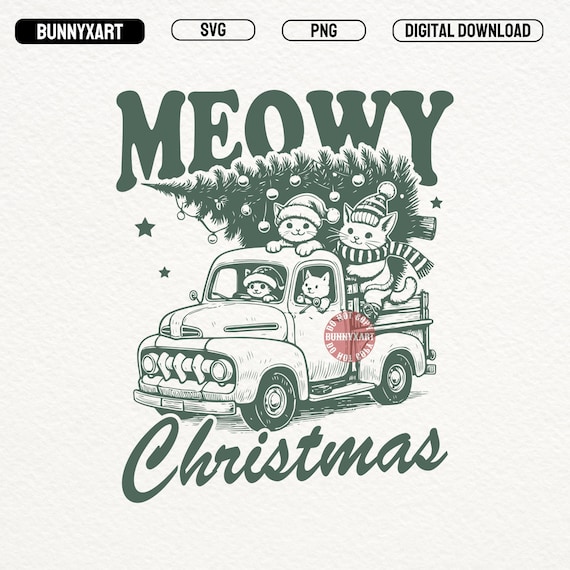Meowy Christmas SVG PNG, Vintage Truck with Cats Christmas Tree Digital Download, Retro Funny Cat Lover Holiday Shirt Design, Cat Lovers