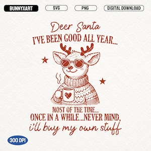 Lustige Rentier Weihnachten, SVG PNG, lustiges Hirsch Santa Shirt Design, trendiges Vintage Retro Rentier Png, Weihnachtszeit, frohe Weihnachten SVG