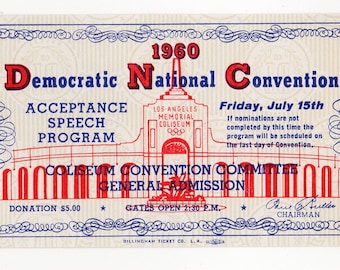 Original 1960 Democratic Naitonal Convention Ticket - John F Kennedy Nomination for President