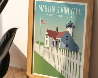 Martha's Vineyard Vintage Style Travel Giclée Plakat artystyczny / West Chop Light