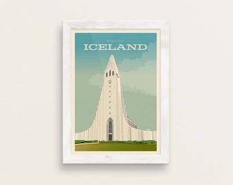 Reykjavik Islandia Styl Vintage Podróż Giclée Plakat Sztuka Wydruk / Hallgrímskirkja