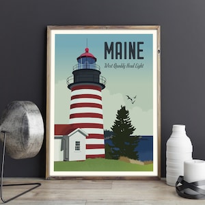 Maine USA West Quoddy Lighthouse Vintage Style Travel Giclée Poster Art Print