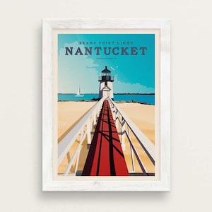 Nantucket Vintage Style Travel Giclée Poster Art Print / Brant Point Lighthouse