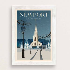 Impressão de arte giclée de cartaz de viagem estilo vintage de Newport RI/Igreja da Trindade