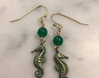 Gold patina seahorse earrings