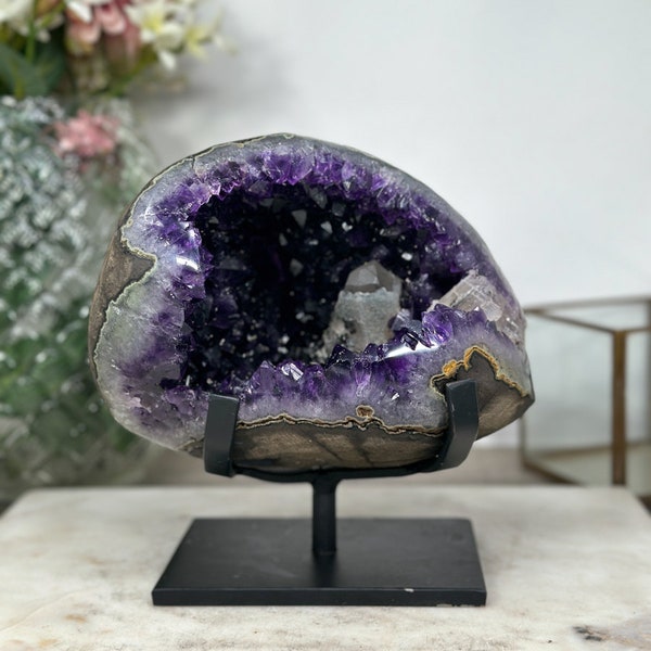 A grade Large Natural Amethyst Stone Geode with Calcite Crystal -  AWS1292