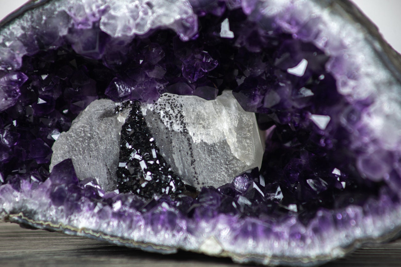 Stunning Amethyst Geode with Calcite & Black Hematite Crystal Etsy