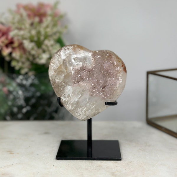 Natural Pink Sugar Amethyst Stone Heart, Metallic Stand Included, Large Crystal Heart Carving, Unique Piece, HST0187.