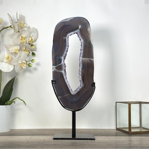 Agate Slice with Amethyst Crystals on Stand for Home Decor Display - MWS2674