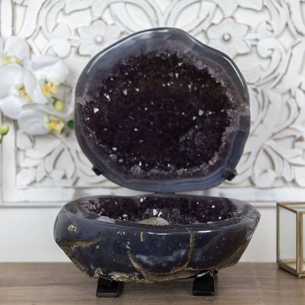 Top AAA Natural Amethyst Geode with Calcite Crystal Specimen  | 12.0 inches Piece | Stand Included | AWS0866