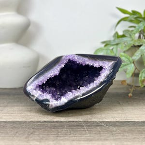 May include: A polished amethyst geode featuring a deep purple crystalline interior surrounded by a smooth, dark, and rounded outer shell. The crystal formation is concentrated in the center, showcasing jagged, translucent violet points.